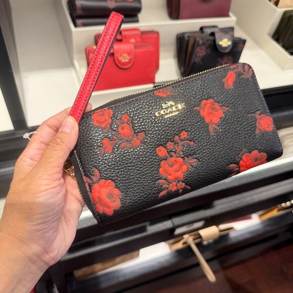 Coach Long Zip Around Wallet With Floral Print CCL36 Black/Red - Picture 1 of 4